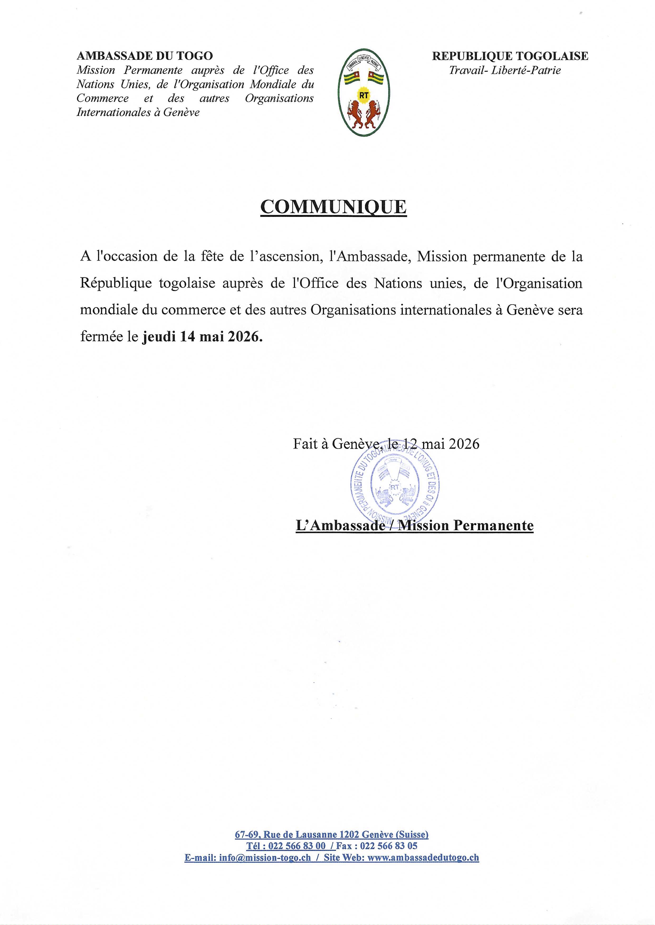 FERMETURE DE L'AMBASSADE – JEUDI 14 MAI 2026 (Fête de l'Ascension)
